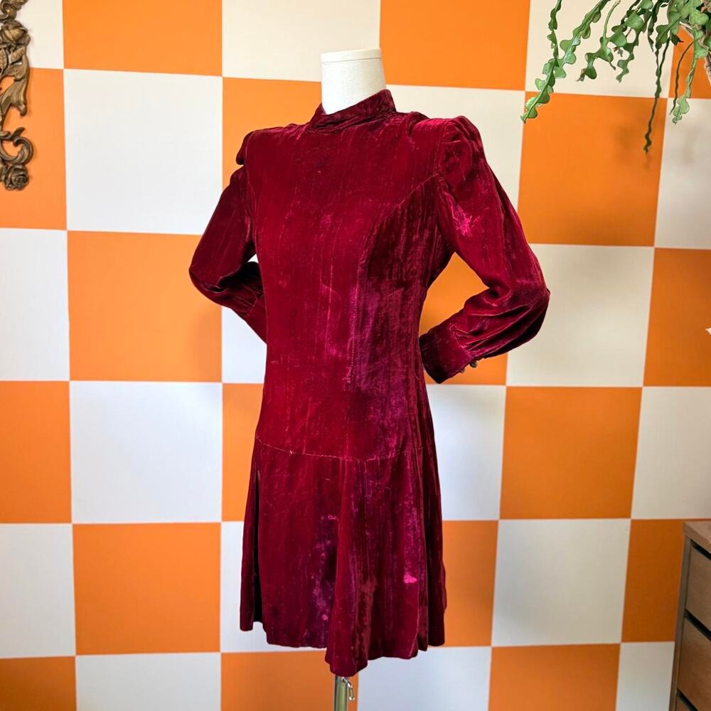 60s Vintage Maroon Red Crushed Velvet Drop Waist Mini Dress